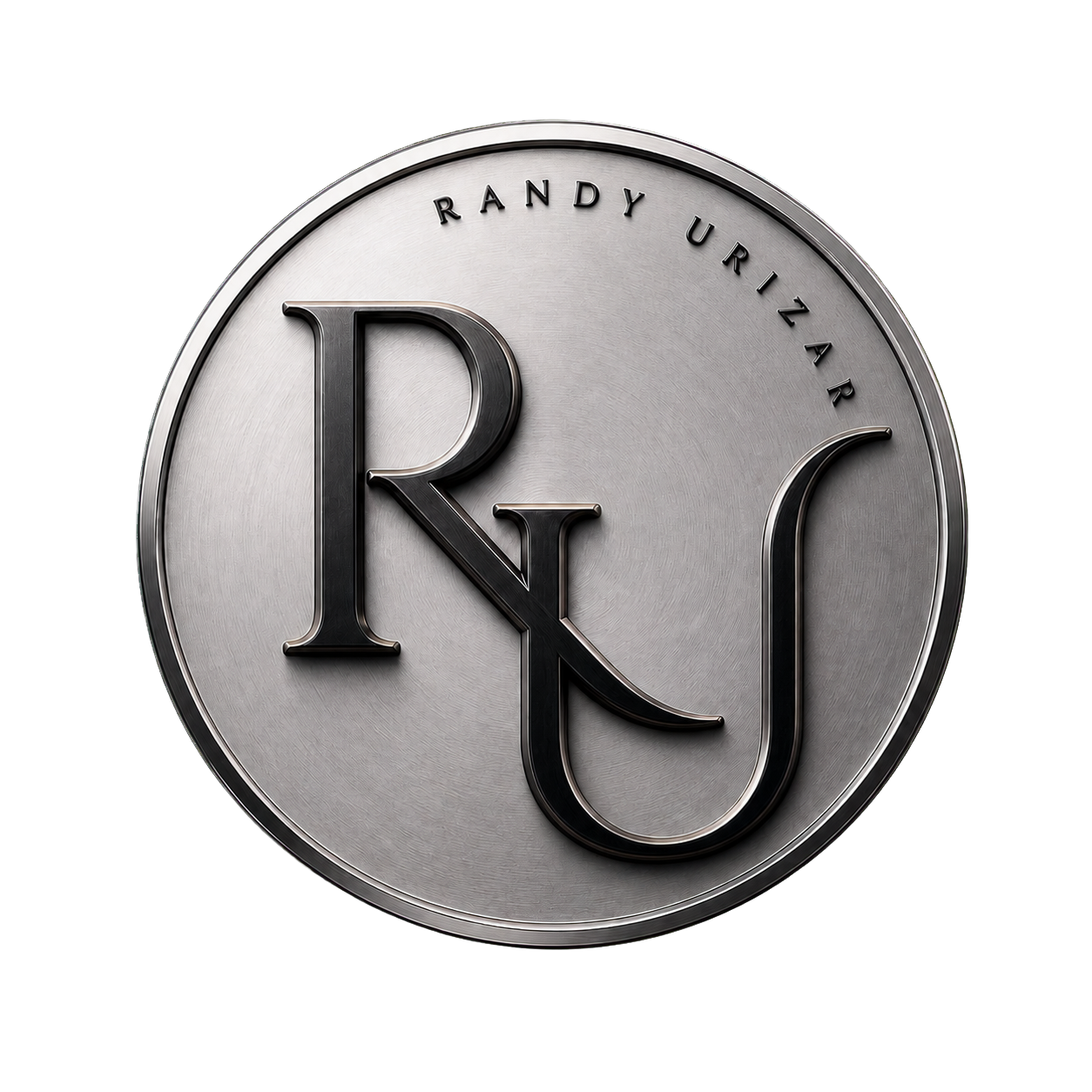 Three-dimensional Randy Urizar monogram in black chrome on brushed silver